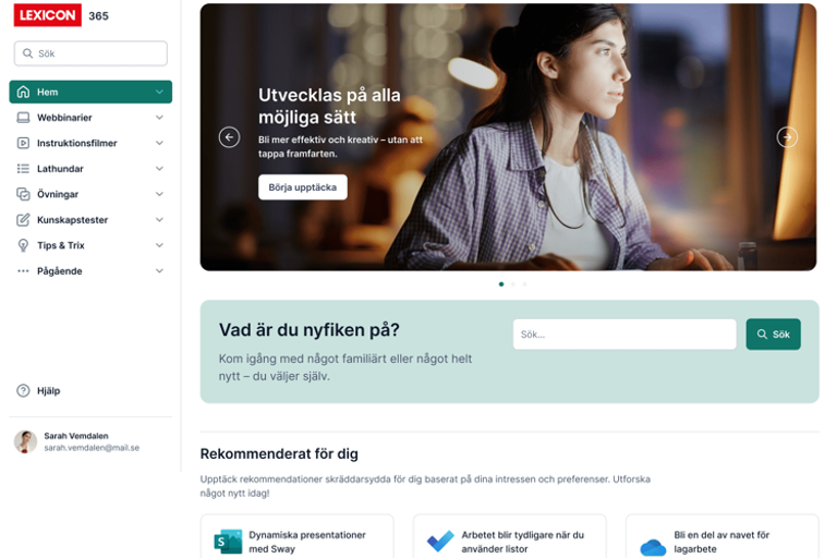 Översikt av en digital plattform med fokus på utbildning och användartips.
