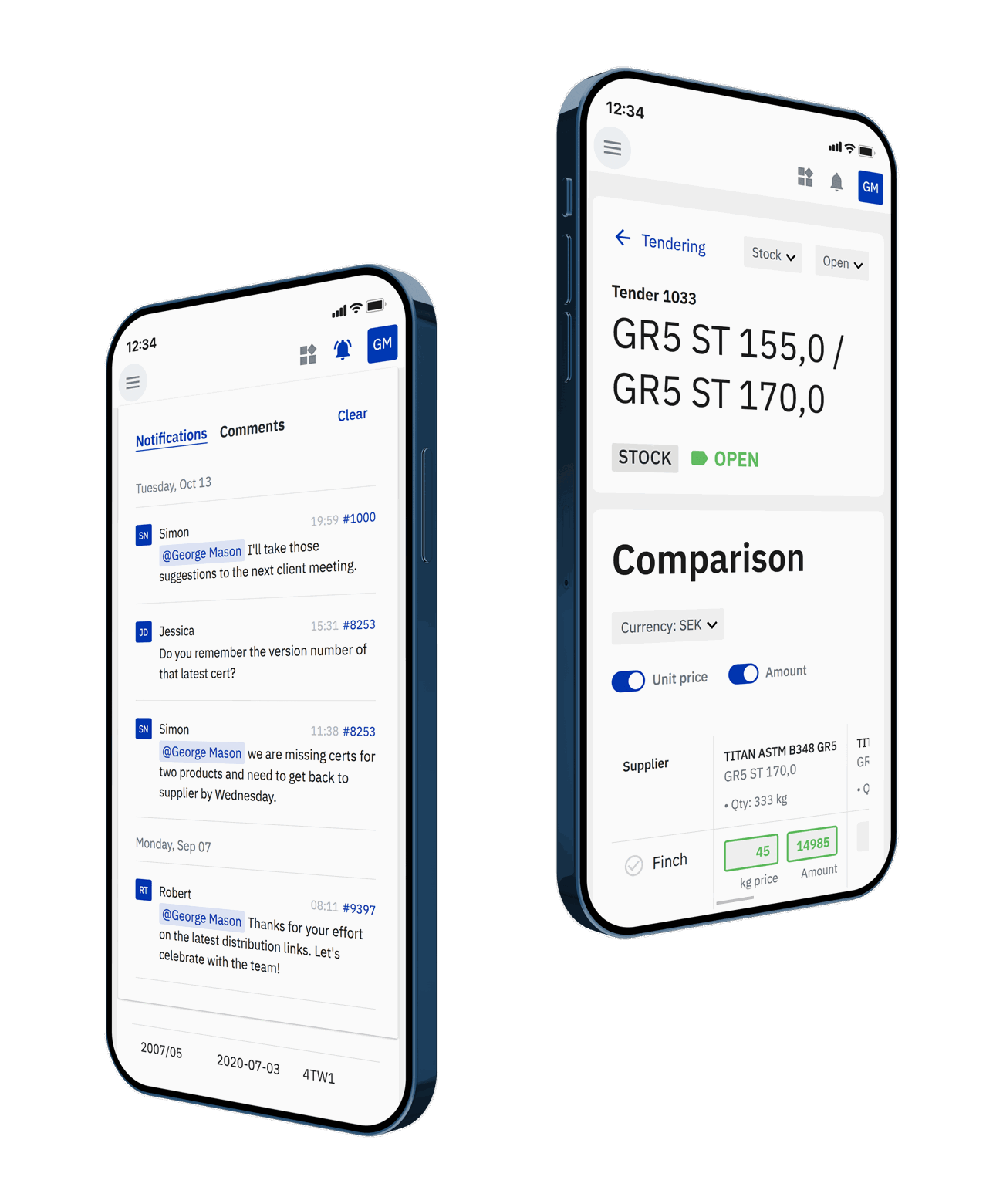 Mobilskärmar med notifikationer och en översikt av anbud.