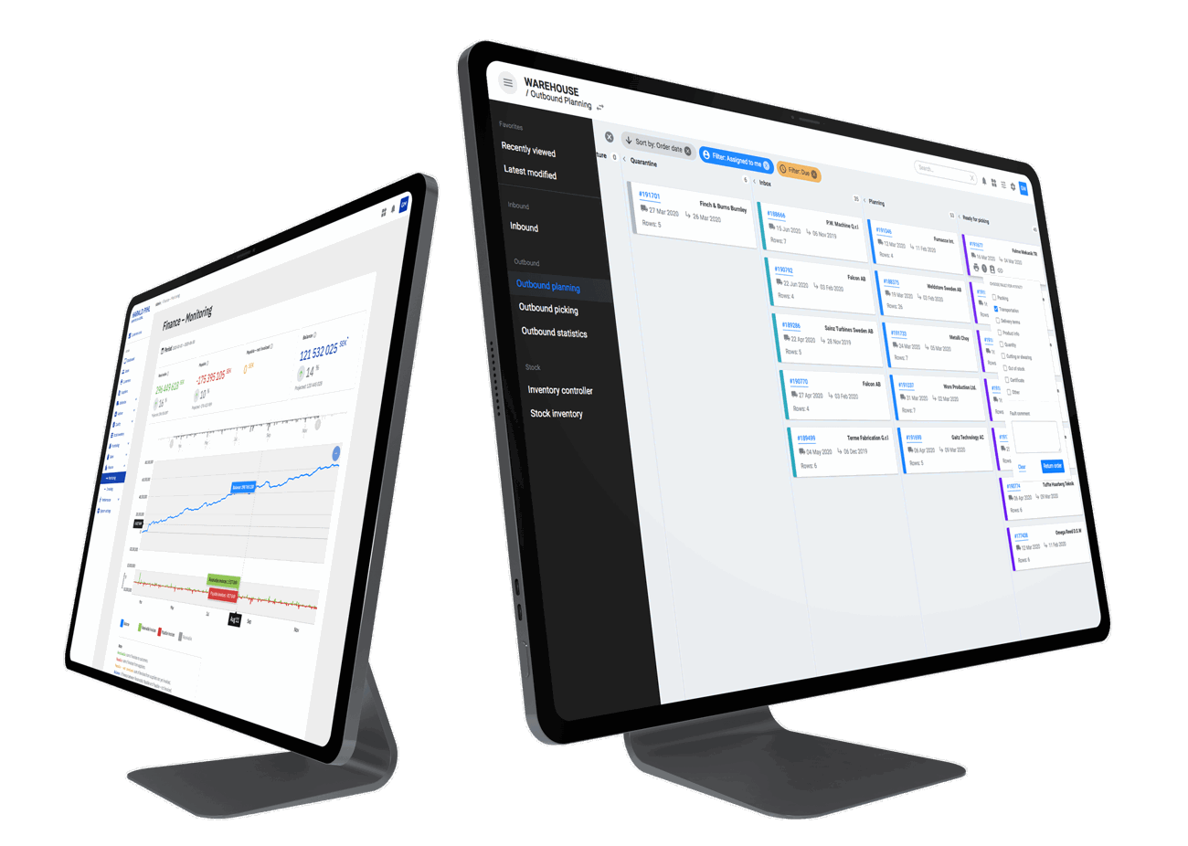 Skärmar som visar en programvara för lagerhantering med grafer och planeringsverktyg.